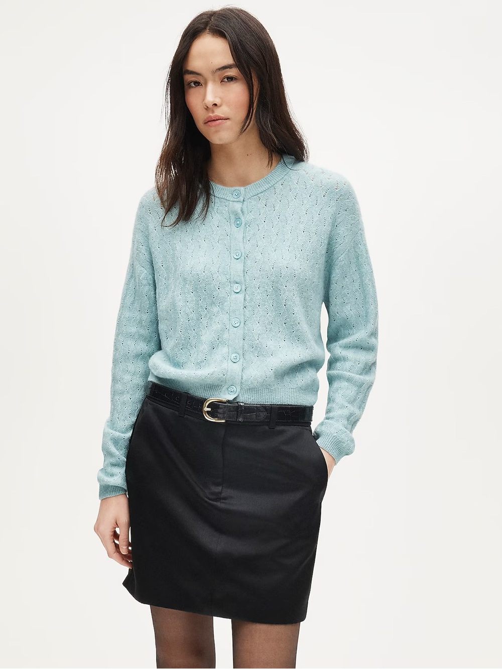 J. Crew Supersoft Pointelle Bubble-Hem Cardigan Blue Cottagecore Spring Small